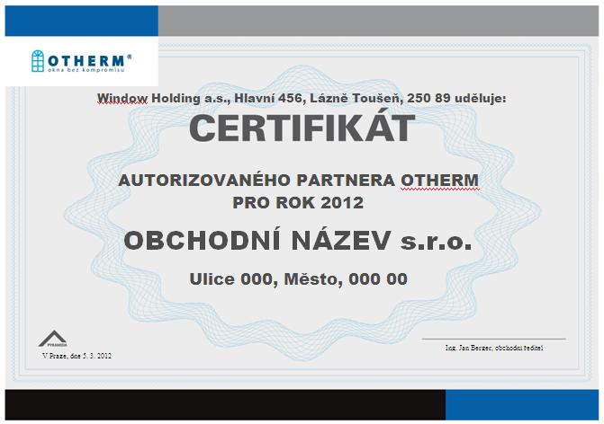 Certifikát autorizovaného partnera Otherm